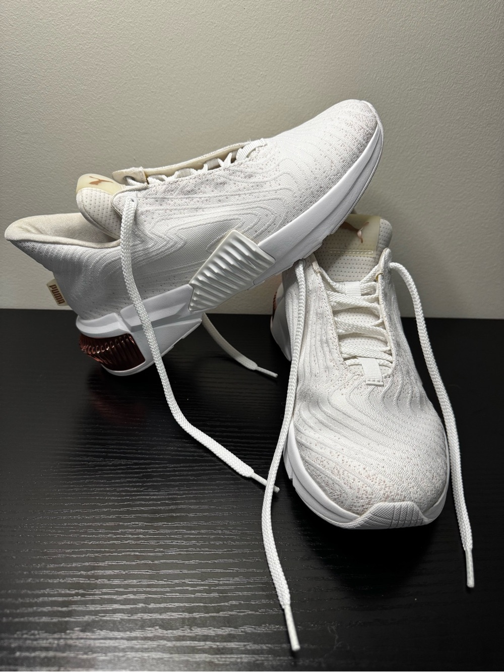 Puma Men's White Knit Performance Sneakers with Rose Gold Heel Detail
